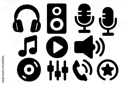 Music icon set glyph silhouette style. Vector collection of audio and sound symbols. Headphones, speaker, microphone, play button, musical note, cd, and equalizer icons.