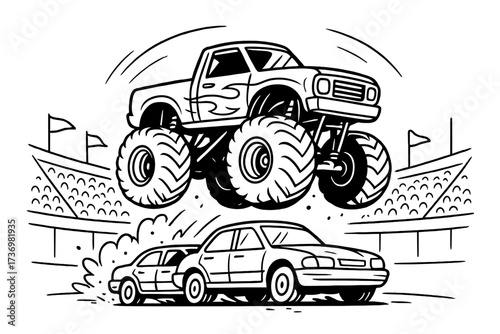 Monster truck show event. Extreme bigfoot car jumping over crushed vehicles. Motorsport competition in an arena. Vector line art illustration for a coloring book page.