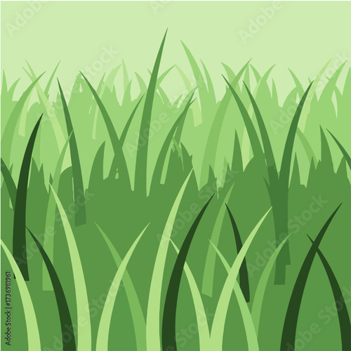 Stylized illustration of various shades of green grass blades forming a dense field, with a light green sky background.