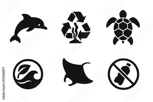 Ocean conservation icon set. Marine life protection symbols. Eco friendly vector collection with dolphin, turtle, manta ray. Reduce plastic pollution & recycle sign. Minimalist black silhouettes.