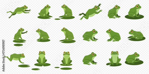 Collection of cartoon green frogs in various poses, including jumping, sitting, and standing on lily pads, illustrating different movements.