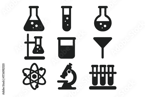 Minimalist black silhouette icons of scientific lab equipment. Vector set for chemistry, biology, and physics research. Includes microscope, atom, test tubes, flask, beaker.
