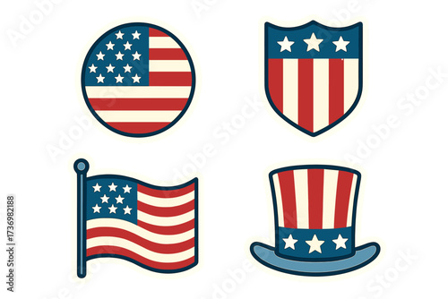 American patriotic sticker set. USA flag, shield, Uncle Sam hat icons. Flat cartoon vector illustration. National emblem and badge collection for 4th of July, Independence Day.