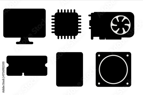 Computer hardware components silhouette icon set. Vector collection of PC parts for building or upgrading a desktop. Includes monitor, CPU, GPU, RAM, hard drive, and cooler fan.
