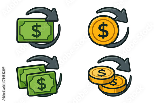 Cash back icon set vector. Money refund symbol collection. Dollar bill and coin with return arrow. Financial transaction, payment transfer, currency exchange, savings concept.
