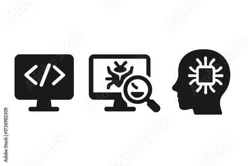 Vector icon set for tech concepts. Coding, programming, web development icon. Debugging, bug fixing, virus scan symbol. AI, artificial intelligence, machine learning head.