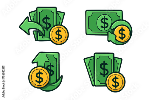 Cash back vector icon set. Money transfer, refund & currency return symbol. Cartoon dollar bill & coin illustration for finance, savings, rebate, payment, reward program.