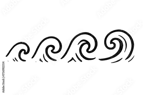 Hand-drawn wave icon set with charcoal texture. Simple sea and ocean doodle sketch. Water swirl, surf curl, and swell symbols. Line art concept of growth and progression.