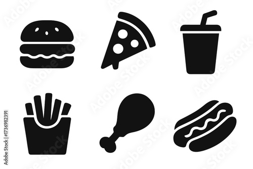 Fast food icons set. Junk food silhouette collection. Burger, pizza, hot dog, French fries, chicken leg, and soda drink symbols. Vector for menu, restaurant, or delivery.