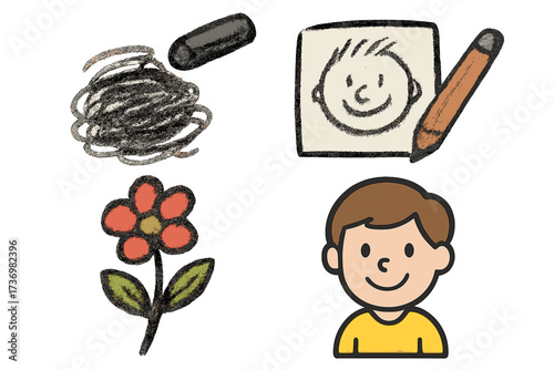 Charcoal doodle vector illustration set. Kids art collection with pencil sketch and crayon texture. Includes cartoon boy, simple flower, hand-drawn face, and scribble.