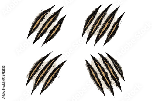 Tiger claw marks set. Animal scratch, rip, tear. Wild beast attack trace with fur texture. Predator aggression sign. Monster claws ripping surface. Danger symbol illustration.