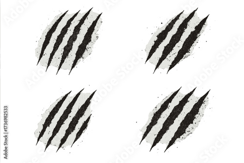 Claw scratches set. Monster claw marks. Animal scratch texture. Tiger, bear or lion attack slash. Ripped paper effect. Horror, grunge vector background. Wild beast.