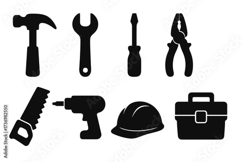 Tools icon silhouette set for construction and repair. Handyman, DIY, and workshop equipment. Includes hammer, wrench, screwdriver, pliers, saw, drill, helmet, and toolbox.