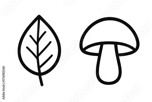 Simple leaf and mushroom icon set. Vector line art illustration of natural forest elements. Black and white outline doodle of a plant and champignon for organic food concepts.