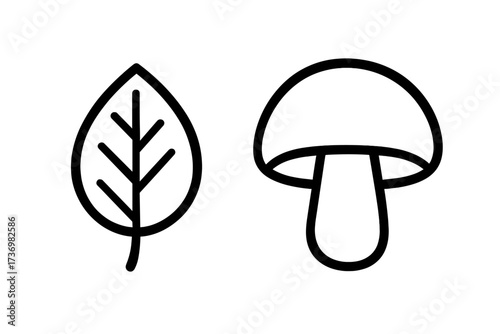 Simple leaf and mushroom black outline icon set. Minimalist forest and nature symbols. Vector line art for concepts like autumn, foraging, food, plants, and mycology.