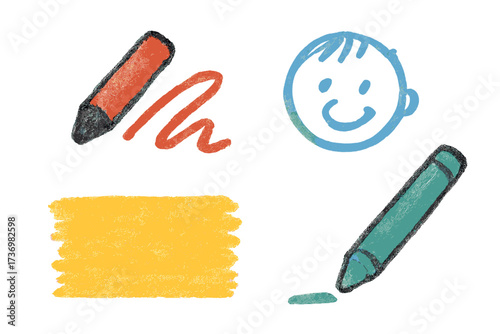Hand drawn crayon doodle set. Kid's art collection. Vector pack with pencil sketch texture, charcoal strokes, wax scribbles. Child drawing elements, smiley face, color marks.