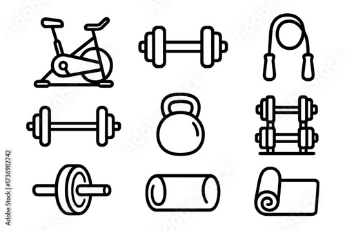 Fitness and exercise equipment line icon set. Vector illustration for gym workout. Includes dumbbell, barbell, kettlebell, yoga mat, bike for sport, health and training concepts.
