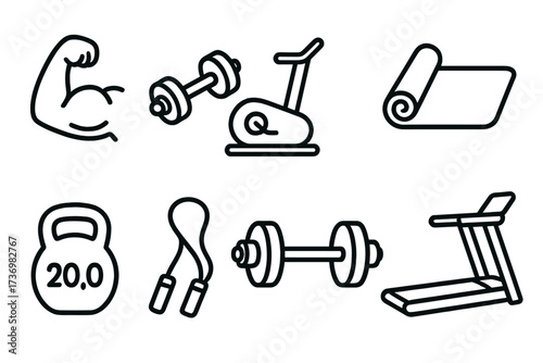 Fitness and exercise line icon set. Gym workout equipment symbols. Vector collection for healthy lifestyle concepts. Dumbbell, kettlebell, barbell, treadmill, bicep signs.