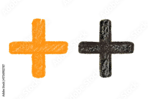 Hand-drawn plus symbol set. Crayon and charcoal textured doodle illustration. Vector graphic elements for design. Cross shape icons isolated on transparent background. Positive sign.