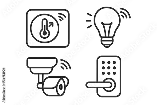 Smart home devices icon set. Linear vector illustration. Home automation with thermostat, light, security camera, door lock. Internet of things and remote control concept.