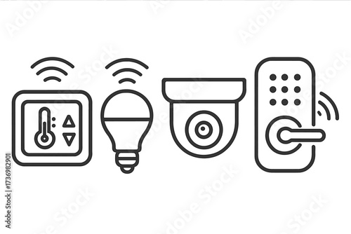 Smart home technology line icon set. Vector icons of thermostat, light bulb, security camera, smart lock. Internet of things, home automation, and security system concept.