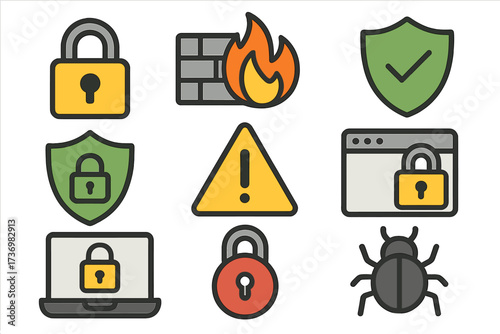 Simple web security icons set. Vector cartoon collection of firewall, shield, lock, and bug symbols. Cybersecurity, data protection, and internet safety graphic elements.