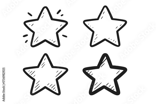 Hand-drawn star icon set. Doodle stars collection for rating and customer feedback. Sketch symbol of quality, success, achievement, and favorite. Cute black and white vector.