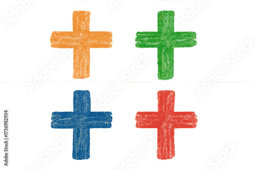 Hand-drawn cross symbol collection. Colorful plus signs with a charcoal or crayon texture. Set of vector doodles for religious, spiritual, or mathematical concepts. Positive icons.