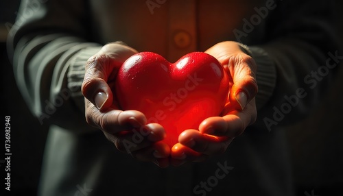A person holding a glowing red heart in their hands offering love and care in a dark background