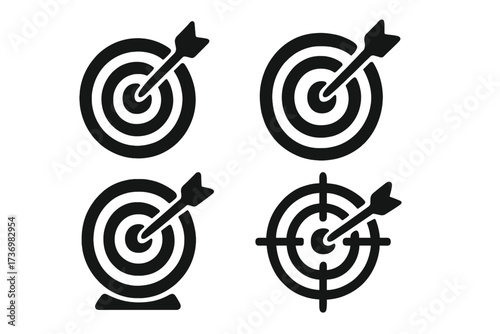 Target icon set with arrow in the bullseye. Vector graphic for business goal, success, accuracy, and objective concepts. Aim, focus, and precision symbol. Dartboard collection.