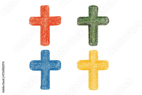 Set of colorful cross symbols. Hand drawn chalk or charcoal doodle illustration. Christian religious icons in red, green, blue, yellow. Faith, spirituality, and belief concept.