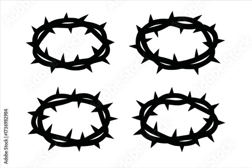 Crown of thorns silhouette vector icon set. Christian symbol of the passion of Jesus Christ. Easter Lent crucifixion story. Religious graphic element for faith and salvation.