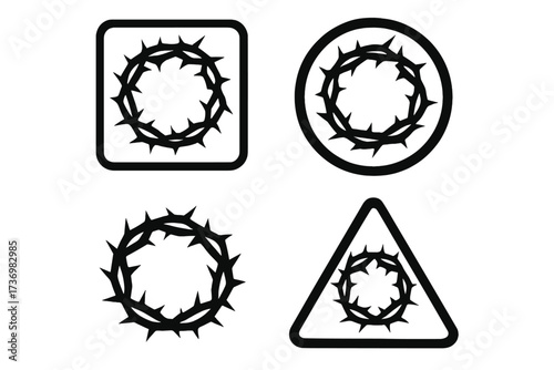 Crown of thorns vector icon set. Religious symbol of Jesus Christ's passion, suffering, and crucifixion. Christian faith silhouette for Easter, Lent, and Good Friday. Holy week graphic.