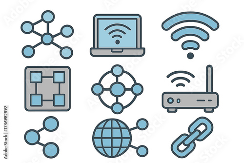 Technology icons set. Network, wifi, connectivity symbols collection. Vector cartoon illustration of internet, router, data, share, link, global connection, blockchain concept.