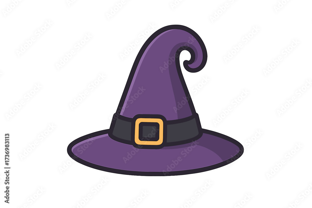Naklejka premium Purple witch hat vector illustration. Cartoon flat style icon for Halloween. Magic wizard cap accessory for a costume party. Sorcery and witchcraft symbol isolated on white.