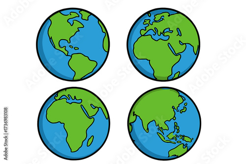 Vector cartoon Earth globe icon set. Planet illustration from different angles showing continents. World map symbol collection for global, travel and environment concepts.