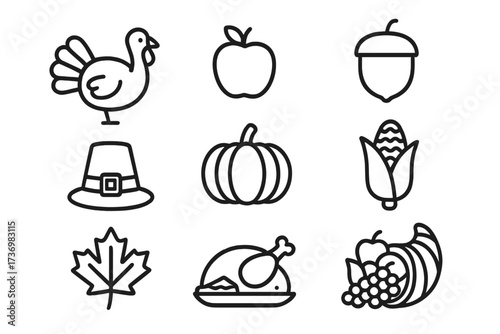 Thanksgiving icon set. Turkey, pumpkin, cornucopia, pilgrim hat, roasted dinner, apple, corn, maple leaf. Autumn harvest holiday symbols. Simple outline vector illustration.