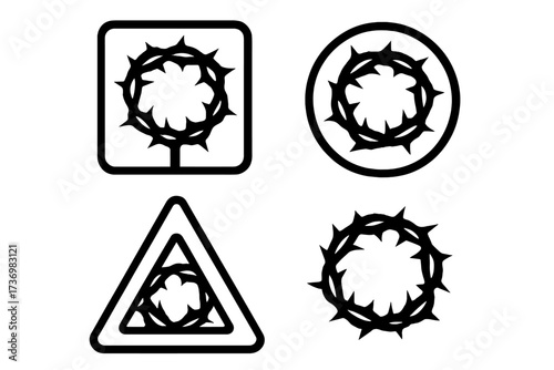 Thorn crown sign set. Religious symbol of Jesus Christ passion and crucifixion. Christian holy week, lent and easter vector icon collection. Silhouette of suffering and salvation.
