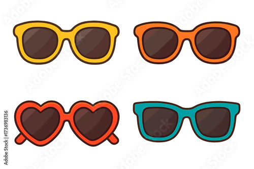 Summer sunglasses vector icon set. Colorful collection of fashion eyewear accessories. Cartoon illustration of retro, modern, and heart-shaped glasses for beach or vacation.