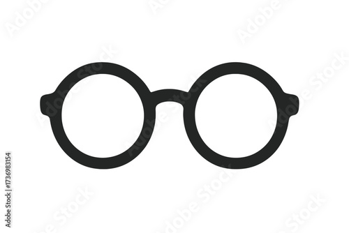 Black round eyeglasses icon. Simple vector silhouette of glasses. Symbol for vision, eyesight, and optical needs. Accessory for nerd, geek, or hipster fashion style.