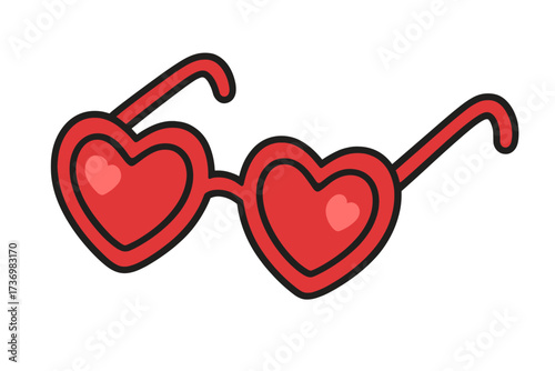 Heart shaped glasses vector illustration. Red sunglasses icon for Valentine's day. Symbol of love, romance, passion. Cute cartoon fashion accessory for party celebration.