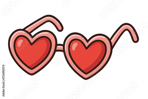 Heart shaped sunglasses vector illustration. Cute romantic eye glasses symbol for Valentine's Day. Retro groovy love fashion accessory. Pink summer party eyewear cartoon icon.
