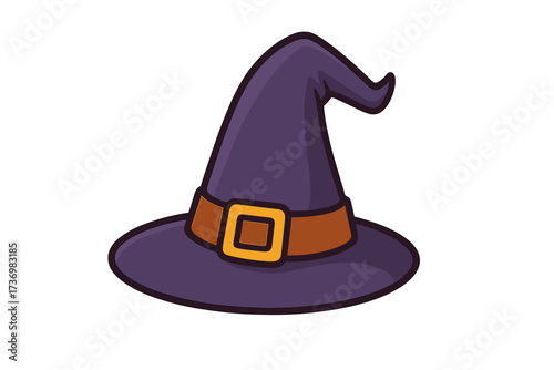 Witch hat vector illustration. Cartoon flat style icon for halloween. Magic fantasy pointy cap with buckle. Wizard or sorcerer costume accessory. Spooky magical witchcraft element.