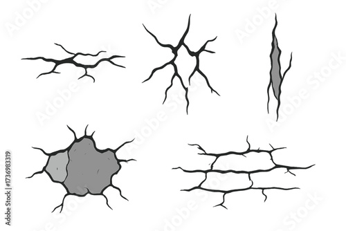 Ground cracks vector set. Damaged wall texture and broken glass effect. Cartoon illustration of holes, destruction, fissures, earthquake damage. Fault line in earth or surface.