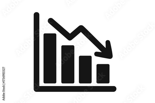 Decrease icon, financial crisis concept. Bar chart with arrow pointing down. Vector symbol of economic decline, recession, market crash, loss, failure, and bankruptcy.