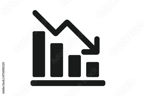 Decline graph icon. Financial crisis concept. Business loss, economy recession symbol. Down arrow on a bar chart. Market crash diagram. Decrease, failure vector illustration.