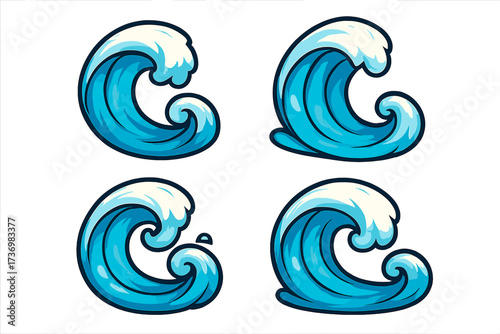 Set of cartoon ocean waves. Sea surf collection. Water splash and tsunami curls vector illustration. Isolated graphic icons for stickers, logos or summer beach design.