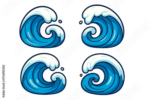 Ocean wave vector set. Cartoon sea water swirl and surf curl icon collection. Blue liquid splash and tsunami symbol. Nature graphic element for logo, sticker, or design isolated.