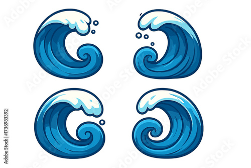 Ocean wave vector icon set. Cartoon sea water surfing curl and splash collection. Blue tsunami graphic illustration for sticker or decal. Nature aqua marine power symbol element.