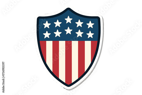USA shield vector icon. American flag patriotic emblem with stars and stripes. National symbol for 4th of July, Independence Day. Military security badge. Flat cartoon sticker.